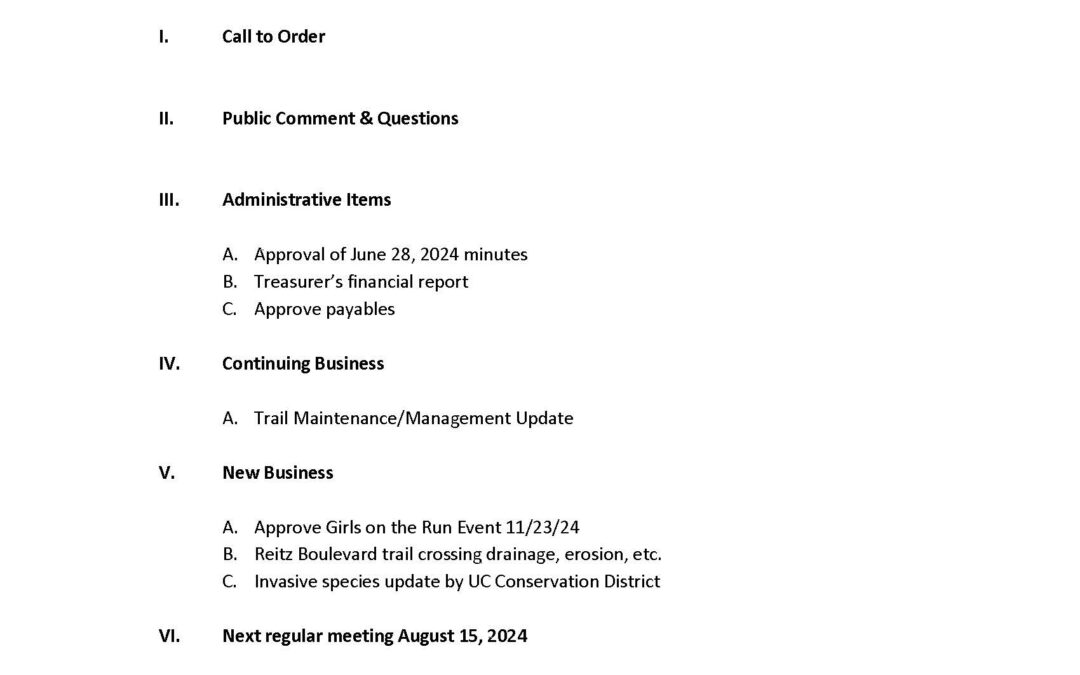 Board Meeting Agenda for Thursday, July 18th 2024